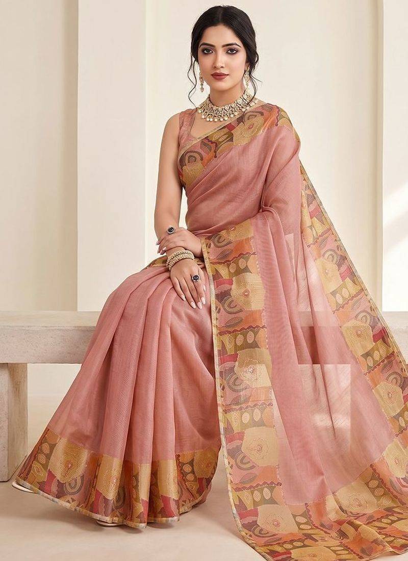 Peach women aari work  chiffon saree