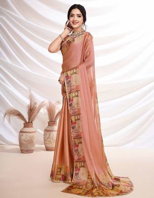 Peach women aari work  chiffon saree 4