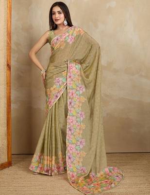 Olive floral aari work printed poly chiffon saree 2