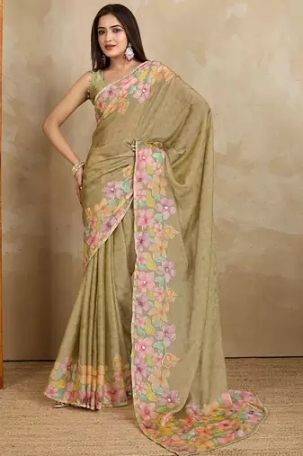 Olive floral aari work printed poly chiffon saree