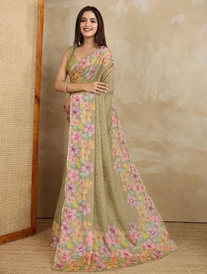 Olive floral aari work printed poly chiffon saree 3