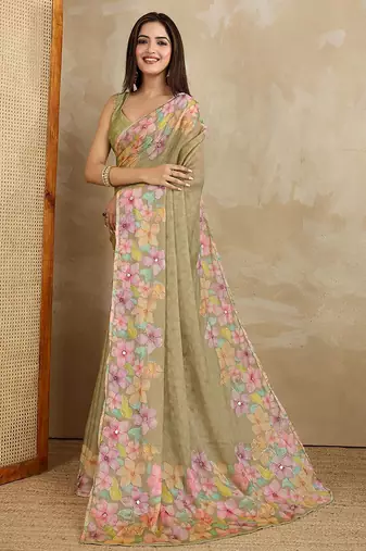 Olive floral aari work printed poly chiffon saree