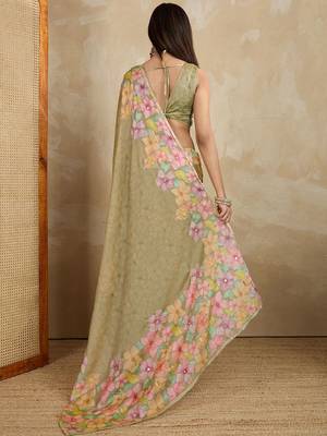 Olive floral aari work printed poly chiffon saree 4
