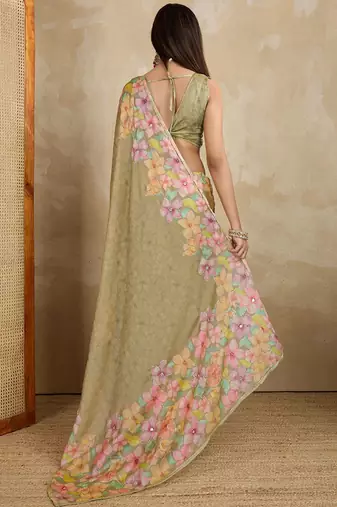 Olive floral aari work printed poly chiffon saree