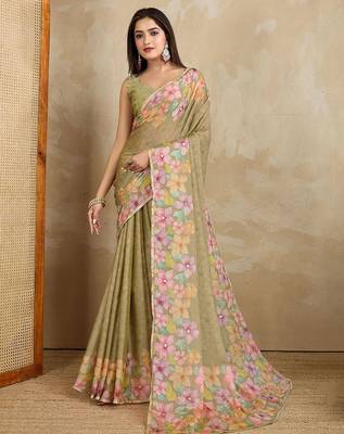 Olive floral aari work printed poly chiffon saree 5