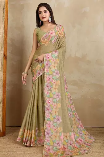 Olive floral aari work printed poly chiffon saree