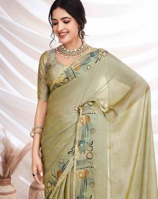 Green aari work  chiffon saree 1
