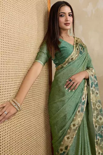 Sea green floral aari work printed poly chiffon saree