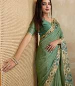 Sea green floral aari work printed poly chiffon saree