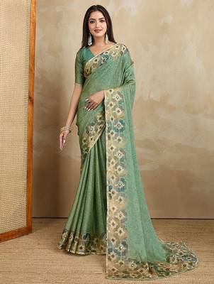 Sea green floral aari work printed poly chiffon saree 2