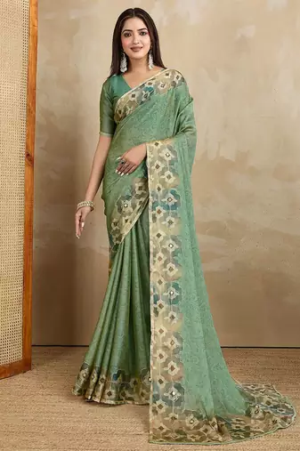 Sea green floral aari work printed poly chiffon saree