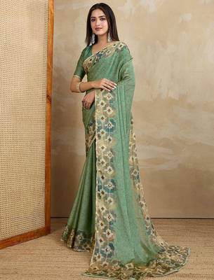 Sea green floral aari work printed poly chiffon saree 3
