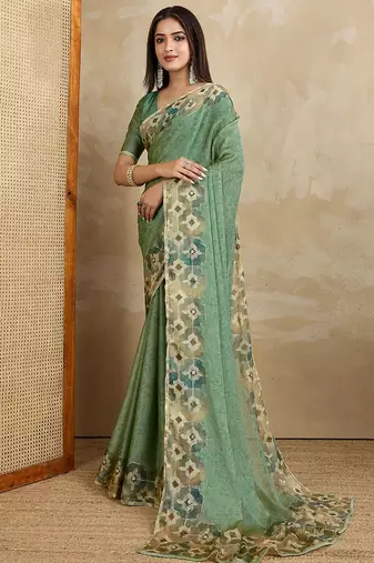 Sea green floral aari work printed poly chiffon saree