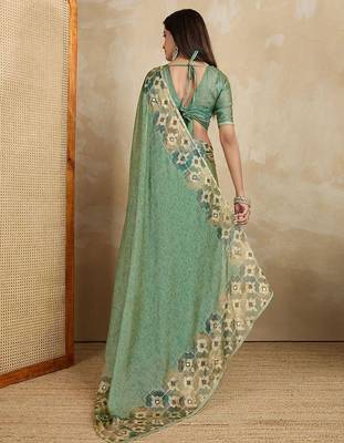 Sea green floral aari work printed poly chiffon saree 4