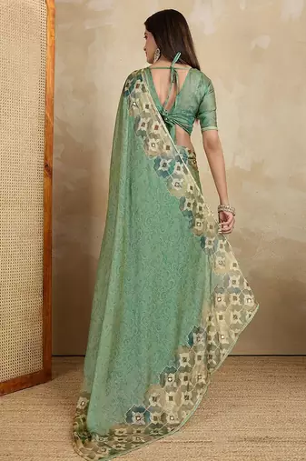 Sea green floral aari work printed poly chiffon saree
