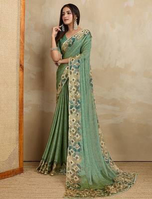 Sea green floral aari work printed poly chiffon saree 5