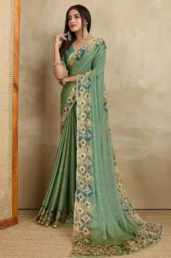Sea green floral aari work printed poly chiffon saree