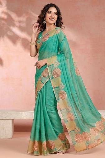 Turquoise aari work printed saree