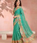 Turquoise aari work printed saree