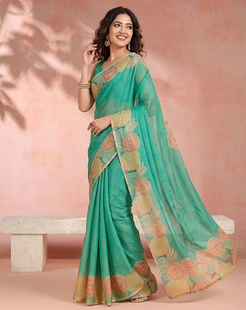 Turquoise aari work printed saree