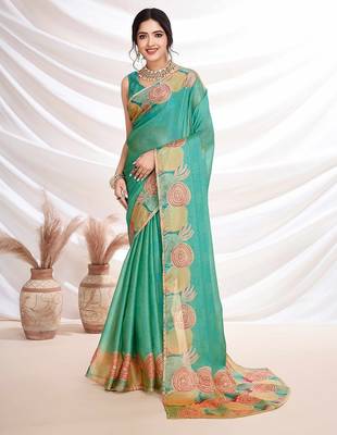 Turquoise aari work printed saree 2