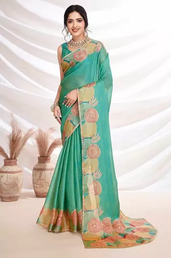 Turquoise aari work printed saree