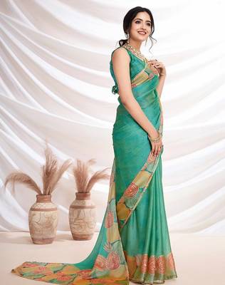 Turquoise aari work printed saree 3