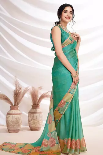 Turquoise aari work printed saree