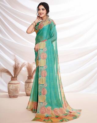 Turquoise aari work printed saree 4