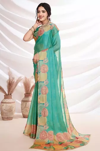 Turquoise aari work printed saree