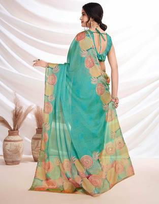 Turquoise aari work printed saree 5