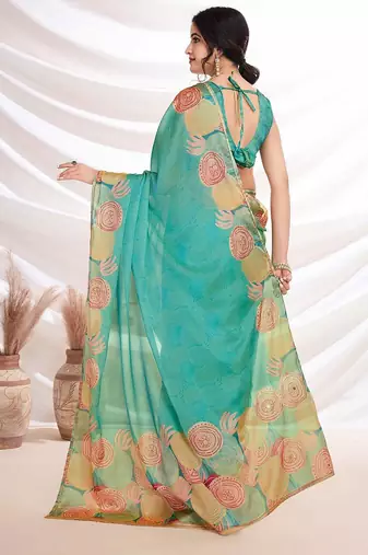 Turquoise aari work printed saree