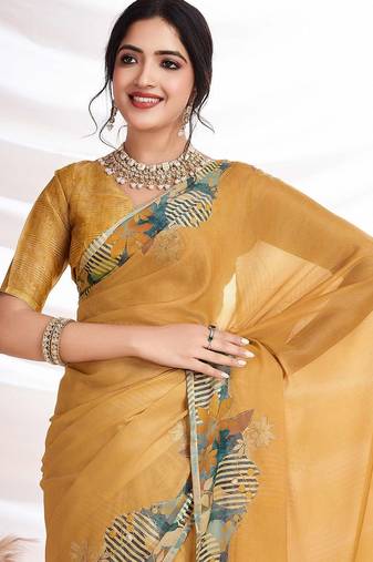 Gold aari work  chiffon saree
