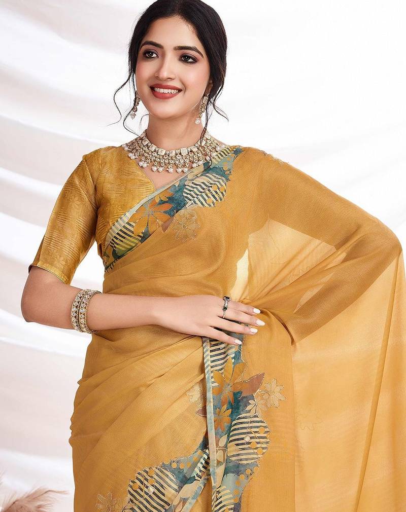 Gold aari work  chiffon saree
