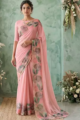 Pink floral aari work poly chiffon saree