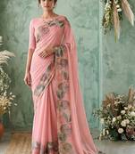 Pink floral aari work poly chiffon saree