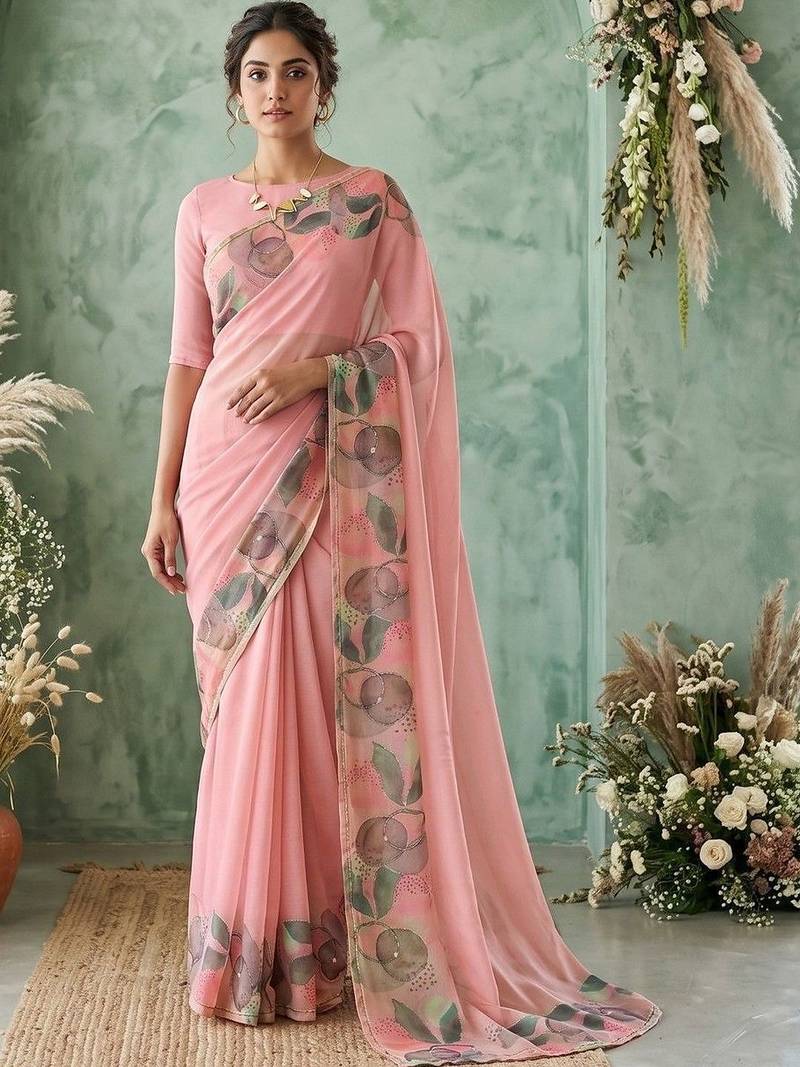 Pink floral aari work poly chiffon saree