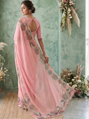 Pink floral aari work poly chiffon saree 2