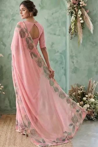 Pink floral aari work poly chiffon saree
