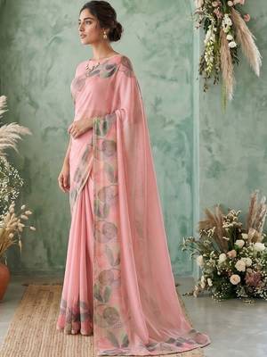 Pink floral aari work poly chiffon saree 3