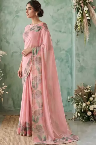 Pink floral aari work poly chiffon saree