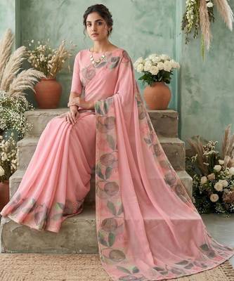 Pink floral aari work poly chiffon saree 4