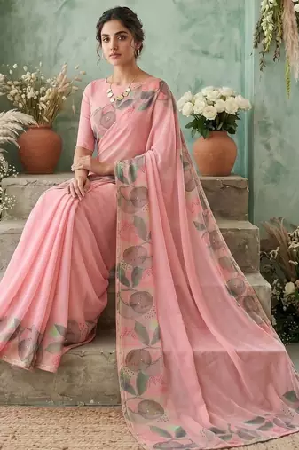 Pink floral aari work poly chiffon saree
