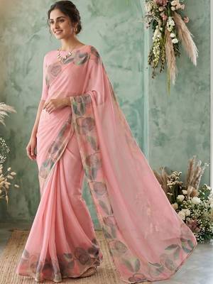 Pink floral aari work poly chiffon saree 5