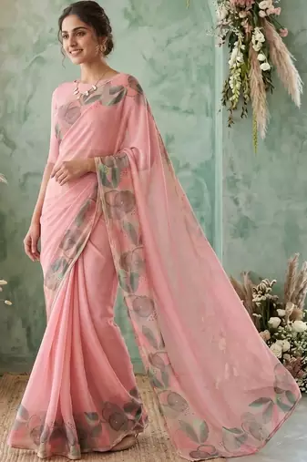 Pink floral aari work poly chiffon saree