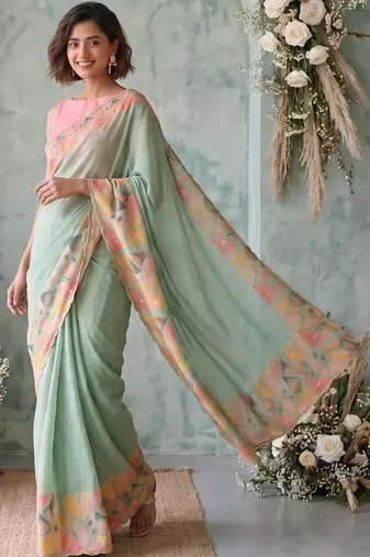 Sea green aari work poly chiffon saree
