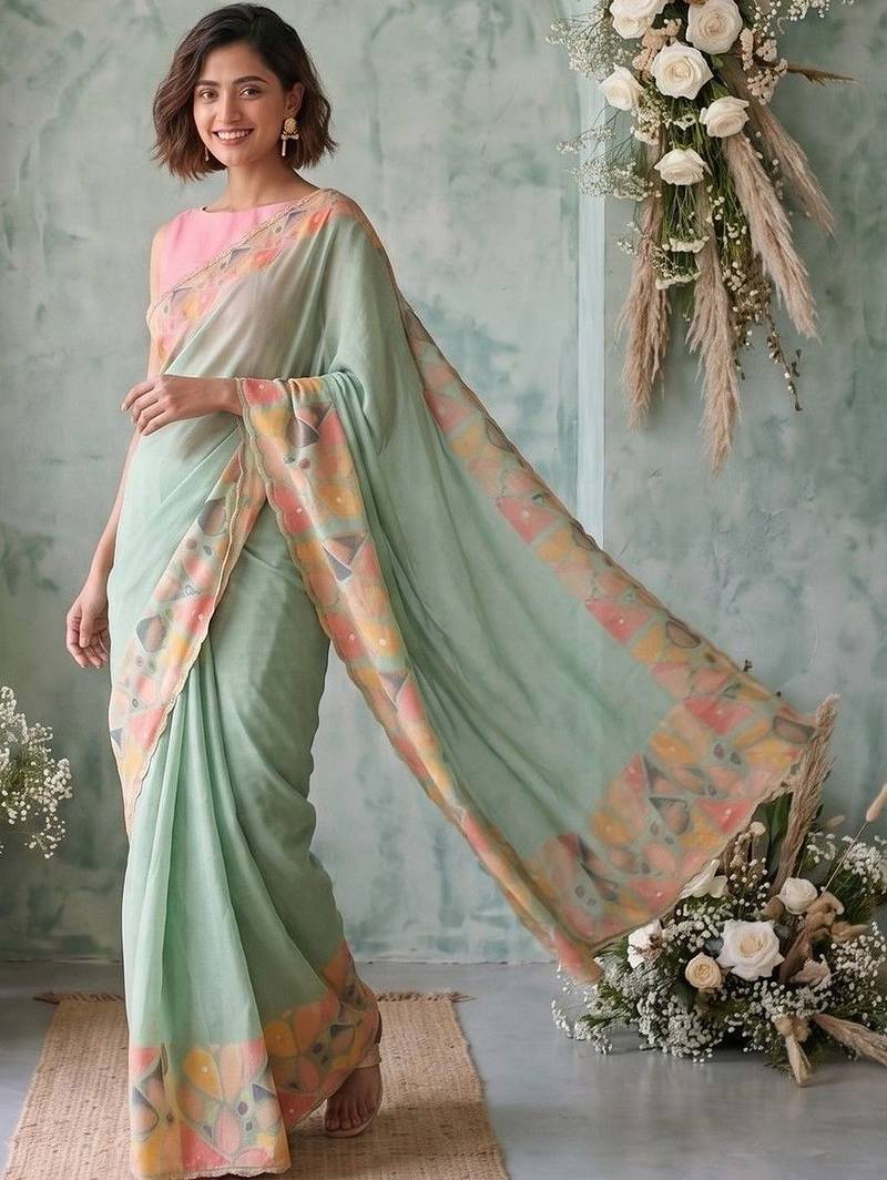 Sea green aari work poly chiffon saree
