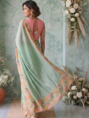 Sea green aari work poly chiffon saree 2
