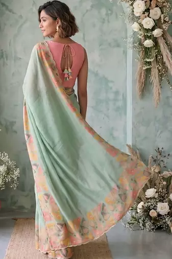 Sea green aari work poly chiffon saree