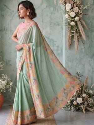 Sea green aari work poly chiffon saree 3